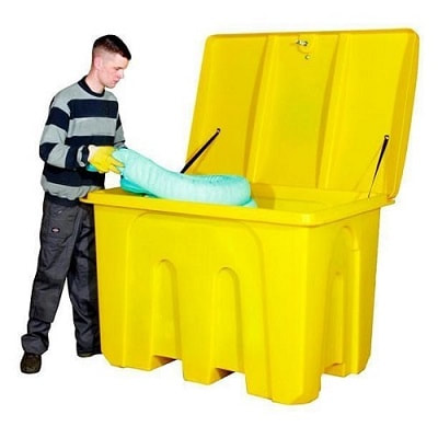 A man remove sorbent boom from Poly Storage Box